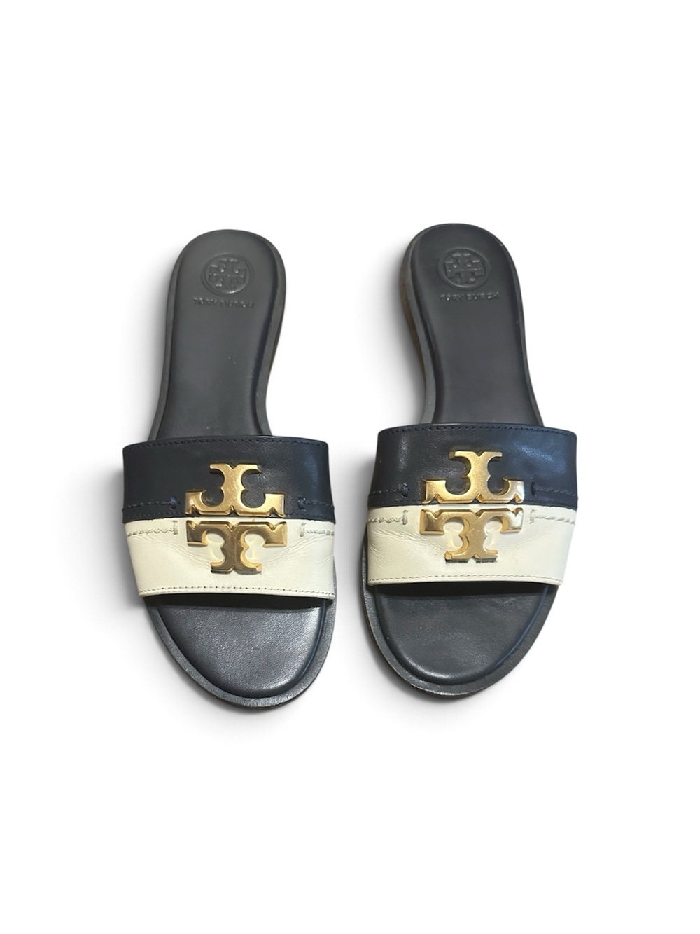 Tory Burch Black and Cream Logo Slide Sandals